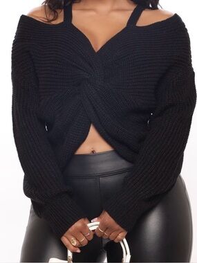 Fashion Nova Black Twist-Front Off-Shoulder Women's Sweater